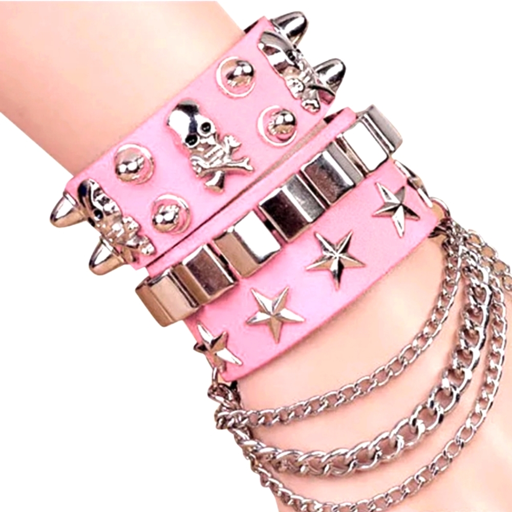 PINK LEATHER GOTH PUNK CUFF SET